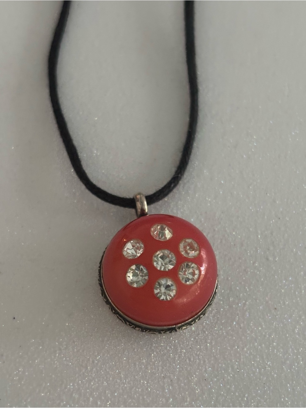 Victorian Coral Colored Button Pendant on Cord